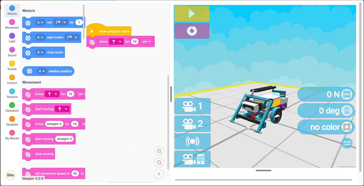 Simulador virtual de LEGO SPIKE Prime de Carnegie Mellon Robotics Academy — pantalla con robot 3D y panel de sensores